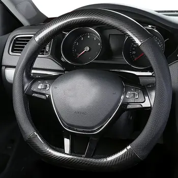 

Carbon Fiber Steering Wheel Cover handle round Leather Soft Breathable For Auto Car Truck SUV Jeep Black