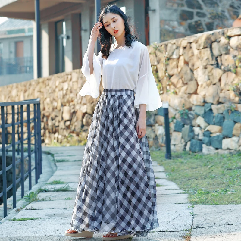 Long Skirt Plus Size Summer Plaid Skirt Shopee Plaid Skirt - Main Image