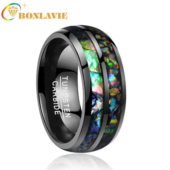 

New Fashion Hot Men Rings Electroplated Black Inlaid Shells Opal Dome Tungsten Steel Ring Size 7/8/9/10/11/12 T090R
