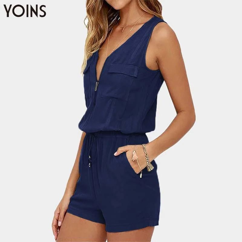YOINS Women V-neck Sleeveless Lace up Zip Front Side Pockets Playsuit Summer Casual Jumpsuit Rompers Overall Trousers Femme