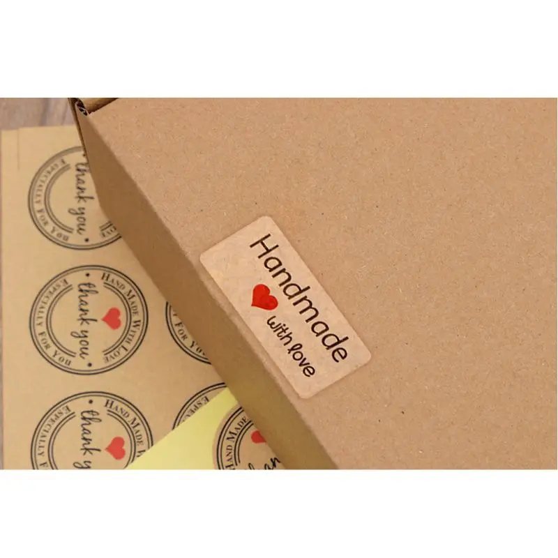 12Pcs 1.5 Inch Square Natural Kraft Handmade with Love Self Adhesive Stickers 634D