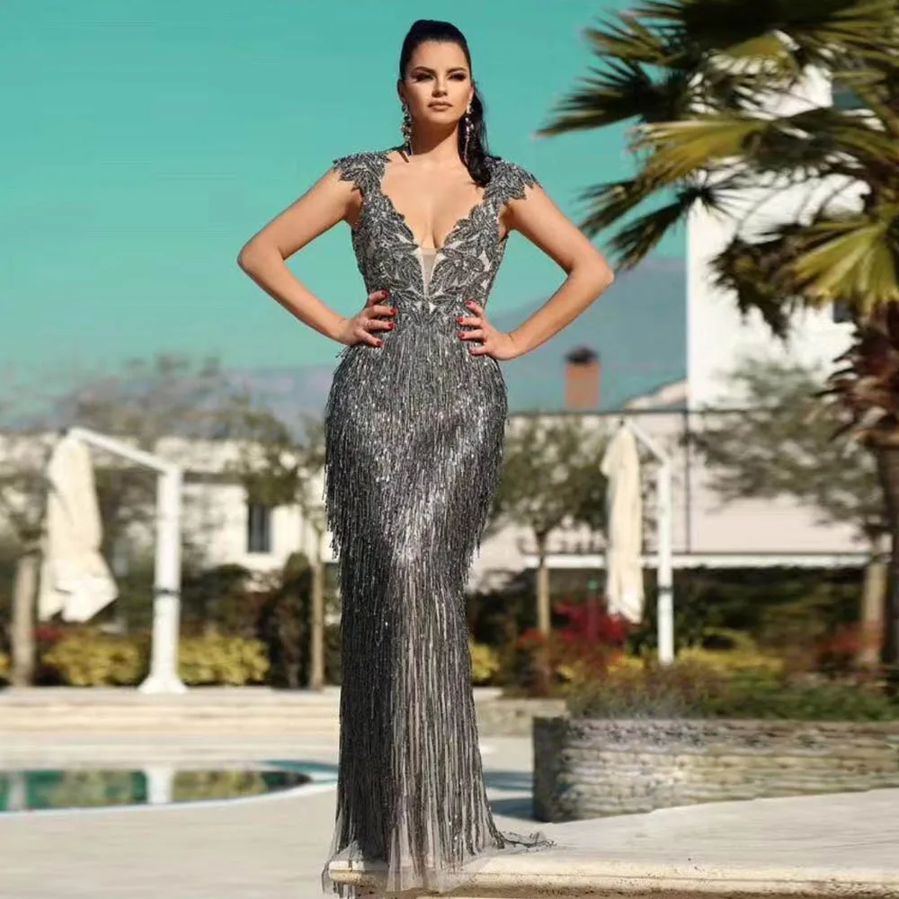 Серый Couture класса люкс с глубоким v-образным вырезом Стразы длинное вечернее платье с низким вырезом на спине вечернее бальное платье в виде русалки торжественное платье Vestido De Festa - Цвет: Серый
