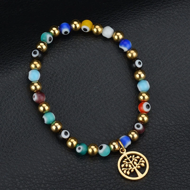 Letdiffery разноцветные Evil Eye эмалированные стеклянные бусы, амулеты Браслеты из нержавеющей стали дерево Женские винтажные Свадебные украшения