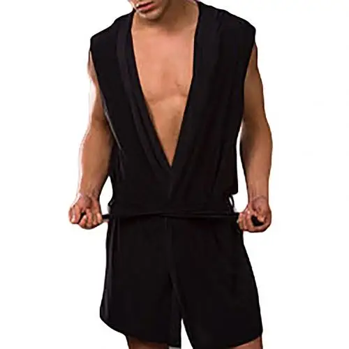 Men Summer Dress Bath Robe Sexy Pajamas Sleepwear Hombre Sleeveless Hooded Casual Kimono Bathrobe Nightgown Robe Solid Color best mens pajamas Men's Sleep & Lounge