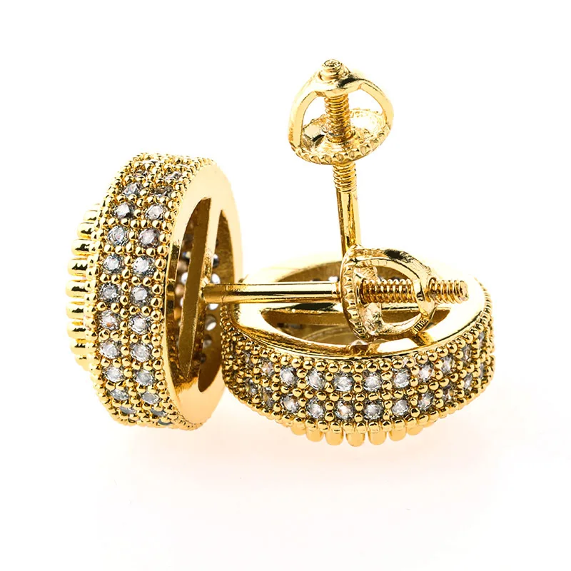 Хип хоп зубец Установка AAA CZ камень Bling Iced Out серьги гвоздики мужские круглые мужские серьги раппер ювелирные изделия розовое золото серебро