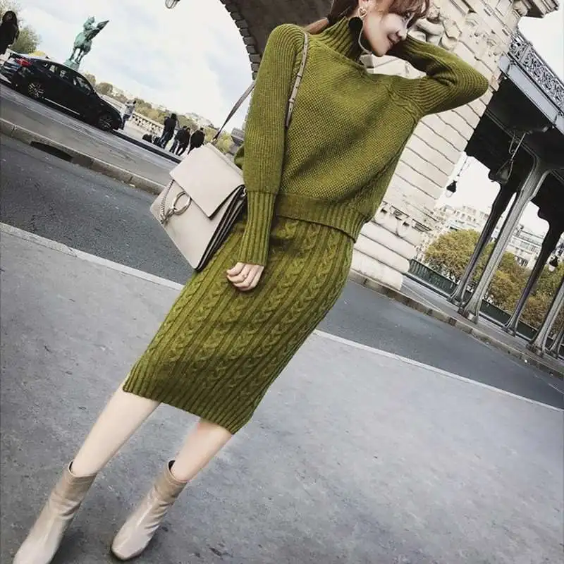 Twisted Knitted 2 Piece Sets Outfits Women Long Sleeve Turtleneck Pullover Sweater+ Split Pencil Skirt Suits Ladies Fashion Set