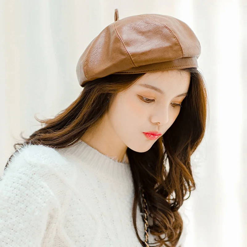 Autumn Winter Fashion Women PU Beret Outdoor Painter Hat British Style Casual Pumpkin Octagonal Hat