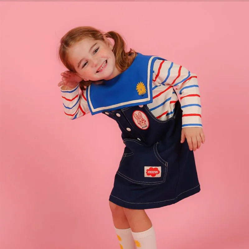 EnkeliBB осеннее джинсовое платье в Корейском стиле для маленьких девочек платье на бретелях с милым кроликом Bebe/повседневные свободные джинсовые платья для маленьких девочек фирменный дизайн