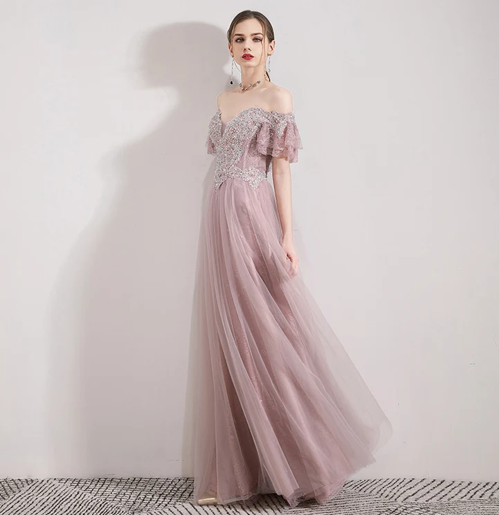 SSYFashion Новое милое розовое вечернее платье, для банкета элегантное платье с вырезом "лодочка" Кружева Аппликации блестки длинное вечернее платье для выпускного вечера Vestido De Noche