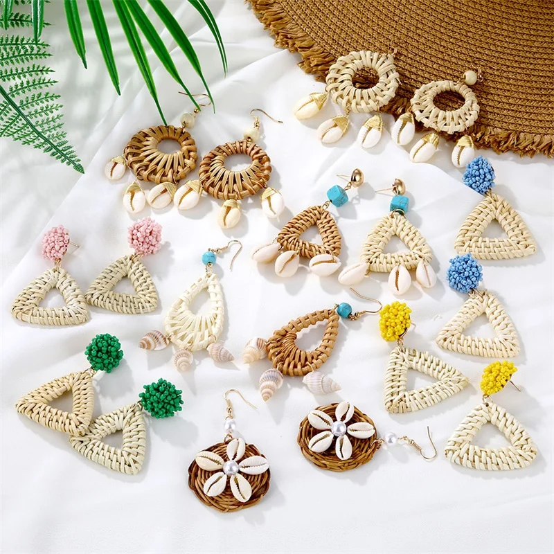 

Bohemian Yellow Rattan Knit Shell Drop Earrings For Women Statement Geometric Dangle Earring 2019 Fashion Jewelry Gift Wholesale