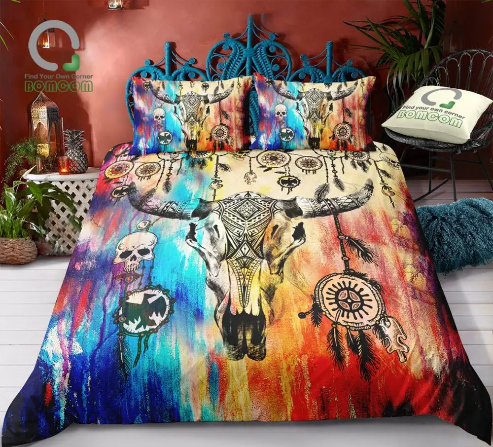 

BOMCOM Digital Printing Bedding Set Baffolo Skull Dreamcatcher Colorful Duvet Cover 100% Microfiber