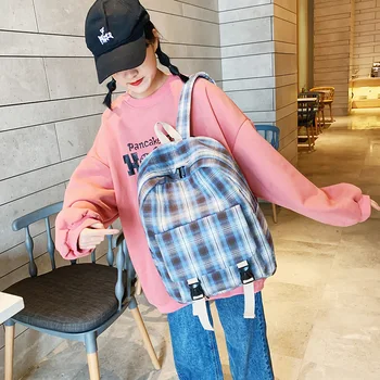 

Ins Wind School Bag Women Korean-Style High College Student Contrast Color Lattice Girl'S Simple Mori Series Fashion