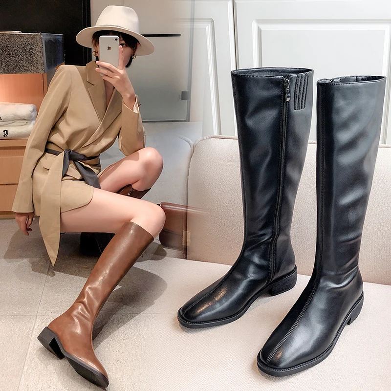 

INS Women mid-calf Boots natural leather shoes Solid color Cowhide upper boots women Long short boots Knight boots classic