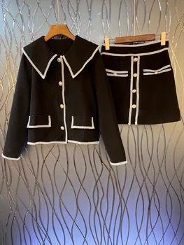 

2020 Early Autumn New Women's Large Lapel Mixed Color Stripe Woven Selvage Long-Sleeved Upper Garment + skirt Set 812