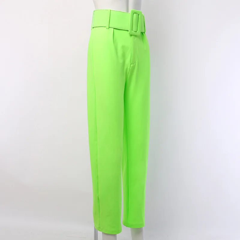 OSLLENLLA High Street Neon green прямые брюки женские с поясом Сигаретные Брюки с высокой талией женские блестящие зеленые брюки женские Стрейчевые