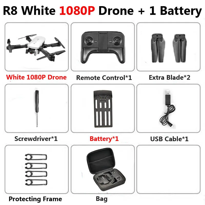 R8 1808 дрон с двойной камерой 1080P 4K PX1600W HD WiFi FPV оптический поток автоматическая красота RC квадрокоптер вертолет XS816 SG106 - Цвет: White 1080P 1B Bag