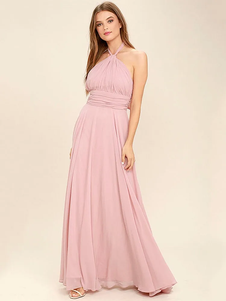 A Line Bridesmaid Dresses Long Blush Pink Halter Backless Simple Chiffon Wedding Guest Dress - Цвет: Розовый