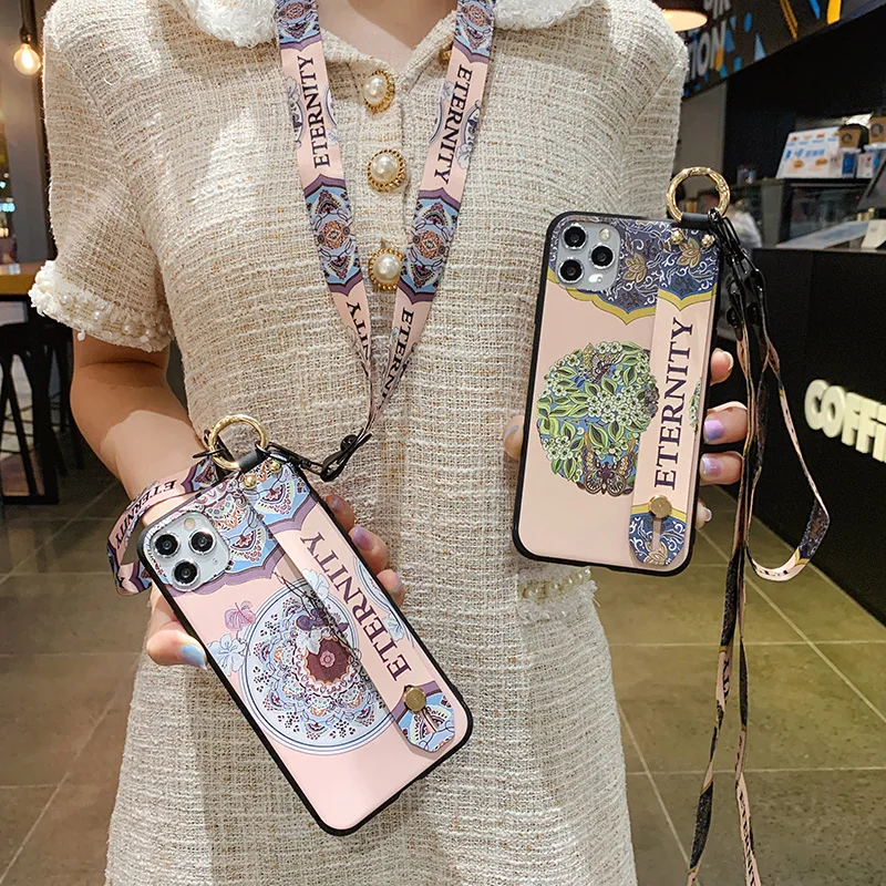 for iPhone 12 Case Neck Hand Lanyard Vintage Pattern Wristband Holder Cover 11 Pro Max XR XS 7 8 Plus 6 S Etui | Мобильные телефоны