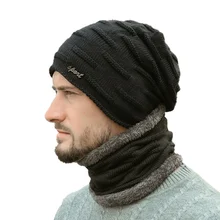 Cool Beanie Hat Scarf Set Gentlemen Autumn Winter Fluffy Knitted Cap Neck Warmer Headwear 56-60cm Fall Winter