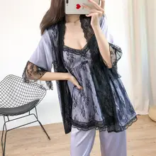 Женская Весенняя и осенняя Сексуальная кружевная однотонная Домашняя одежда из трех частей с длинными рукавами и открытой спиной