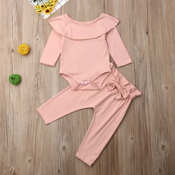 

Newborn Baby Girl Clothes Infant Baby Clothes Solid Color Off Shoulder Ruffle Long Sleeve Romper Tops Bowknot Pants 2Pcs Outfits