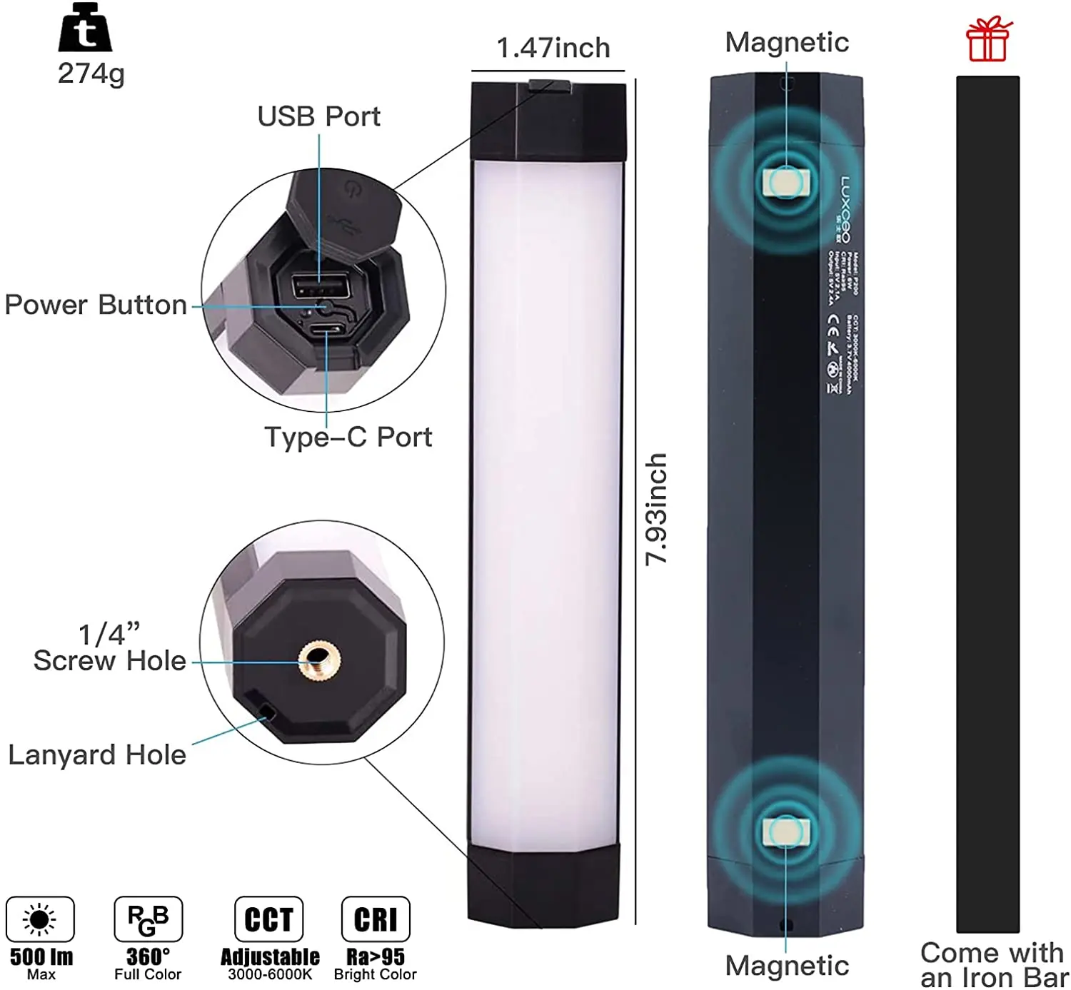 Vara para Tiktok Luz de Vídeo Luxceo Baton Impermeável App Controle Embutido Forte Magnético Led Fotografia Iluminação P200 Rgb Ip67 - Image 2