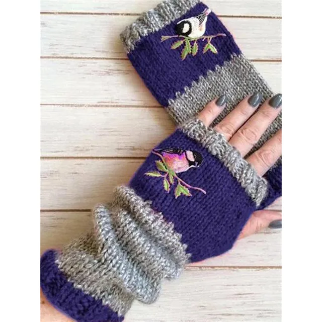 Embroidery Birds Gloves Cotton Fingerless Glove for Women Knitted Block Splice Mittens Womens Girls Gloves Without Fingers 3