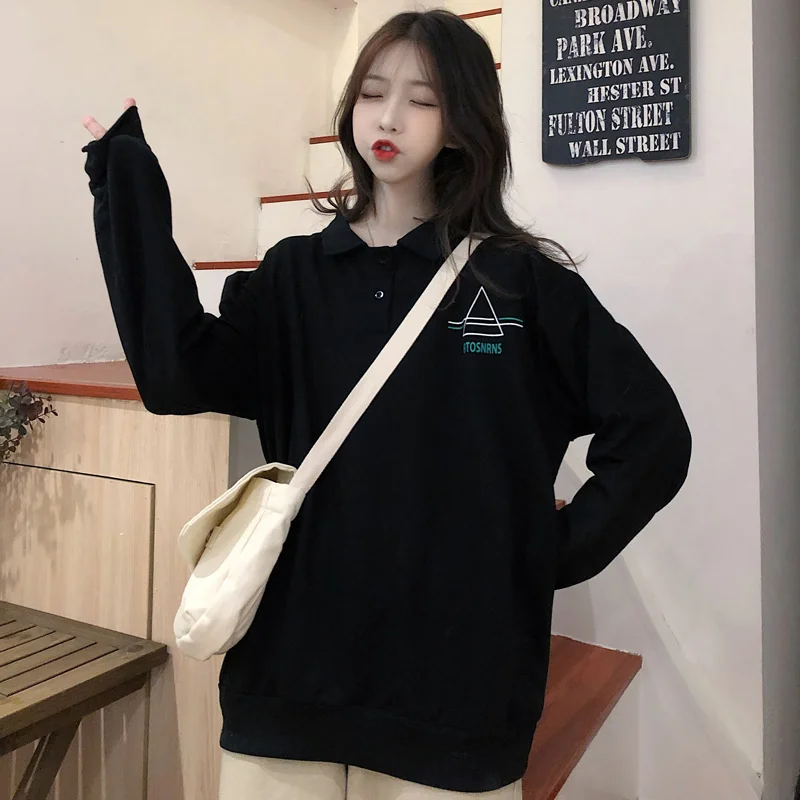 Letters Printed Polo Shirt Women Long Sleeve Autumn Winter New Loose Casual Printing Lapel Shirt Lady Black Grey Bottoming Tops - Цвет: Черный