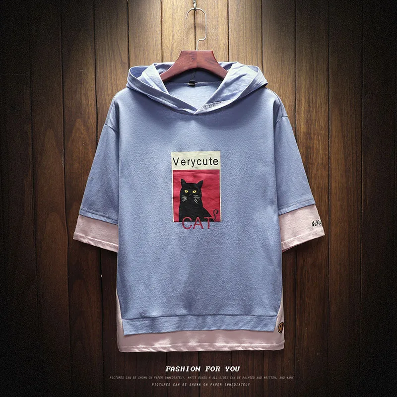 

2018 Summer Wear Japanese-style Large Size Men Hooded Hip Hop Printing Short-sleeved T-shirt Men's Large Size Mock Two-Piece Wei