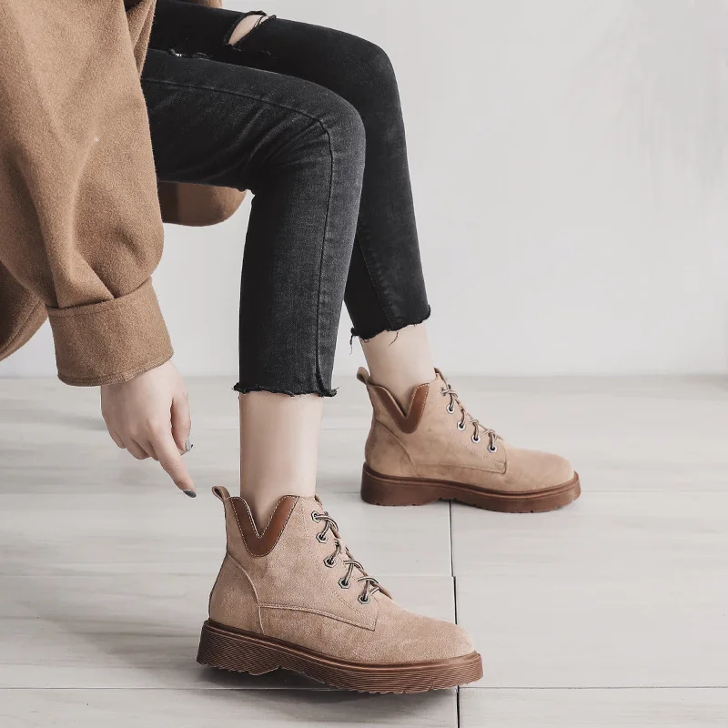 

Hh-15 Retro England Chunky-Heel round-Toe Cotton Boots Autumn And Winter Flat Large Size Martin Boots Suede Whole Transaction Bo
