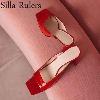 

2020 New Spring Square Toe Mules Woman Square Heels Peep Toe Sandals Woman Runway One Strap Genuine Leather Summers Shoes