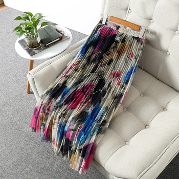 

VERDEJULIAY Romantic Floral Painting Pleated Skirt Women European Vintage Runway Fashion 2020 Spring New Multi Mid-Calf Skirt