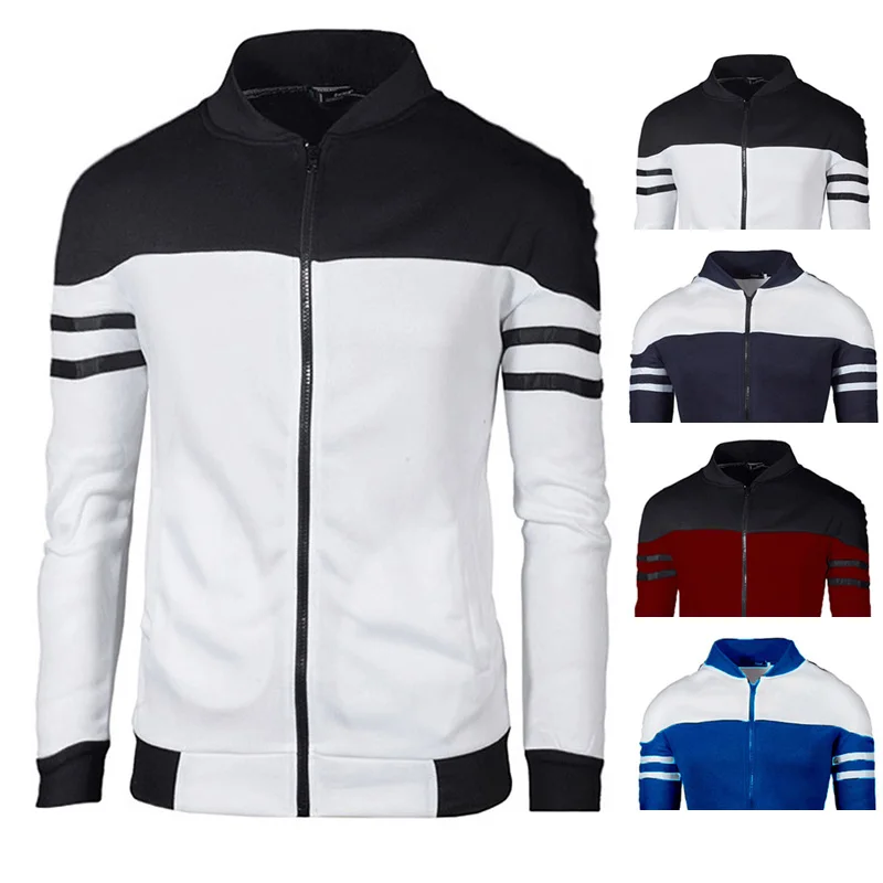 

Men Autumn Winter Men Casual Jackets Strapes Design Fashion Plush Sportswear Casual Men Patchwork Long Sleeve Pullover Crewneck