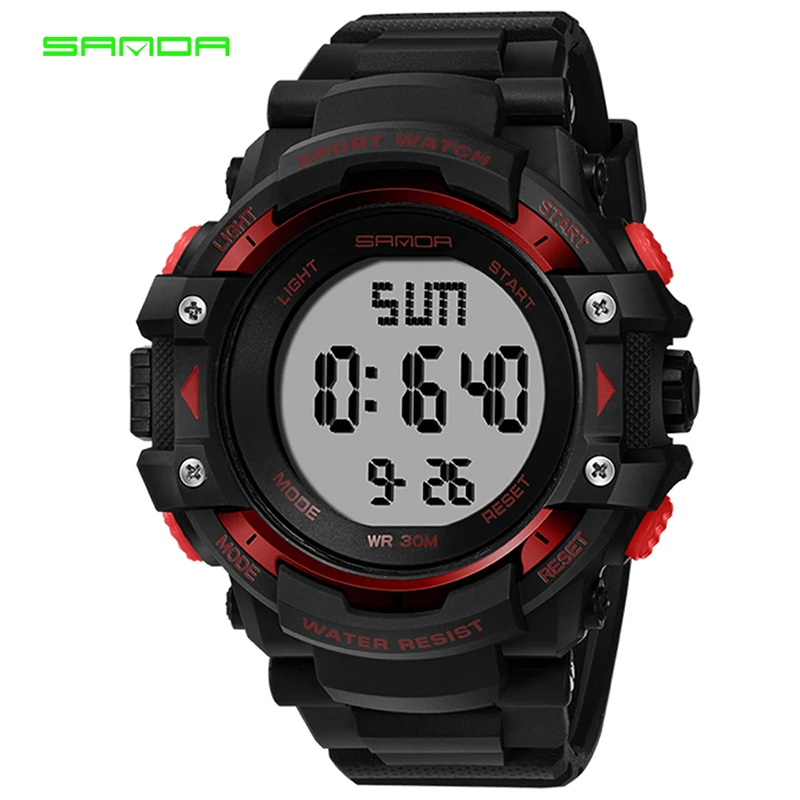 Black Red SANDA 348 Неделя дисплей Будильник 3 бар наручные часы водонепроницаемые часы времени Спортивные Часы Секундомер светодиодный цифровые мужские часы Relogio Masculino - Цвет: Black Red