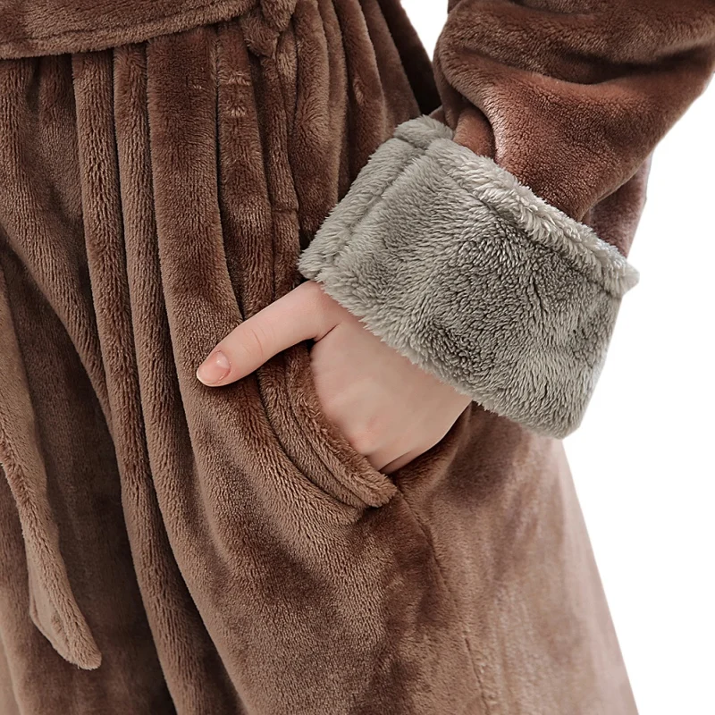 Autumn And Winter Pijama Robe Plus Long Robe Flannel Couple Nightgown Thick Lace-up Solid Color Long Home Robe