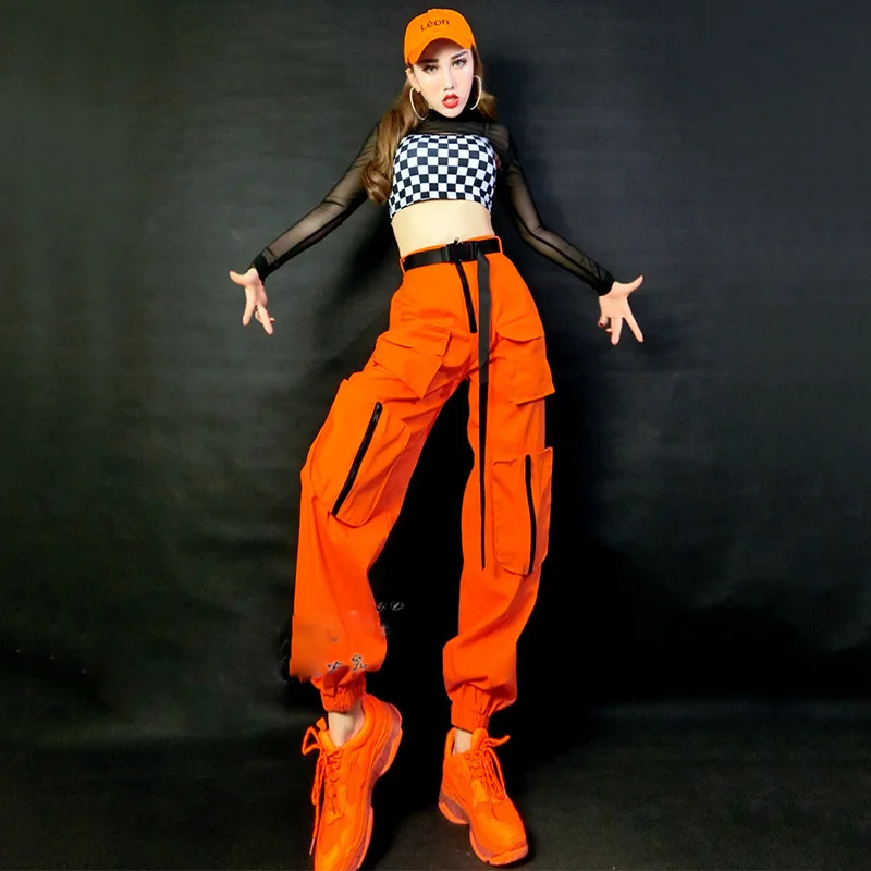 Hip Hop Costumes Adults Orange Pants Plaid Vest Street Dance Clothes Modern Stage Outfits Ladies Jazz Performance Wear DNV12425
