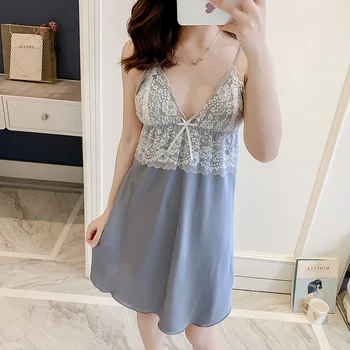 

Lady Spaghetti Strap Nightdress Sexy Satin Sleepwear Nightgown Casual Lace Patchwork Sleep Dress Intimate Lingerie Homwear