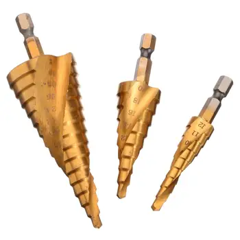 

3Pcs HSS Spiral Grooved Step Cone Drills Bits Set Hole Cutter Tool 4-12/20/32mm For Iron Steel Plate Wood Drilling Tools