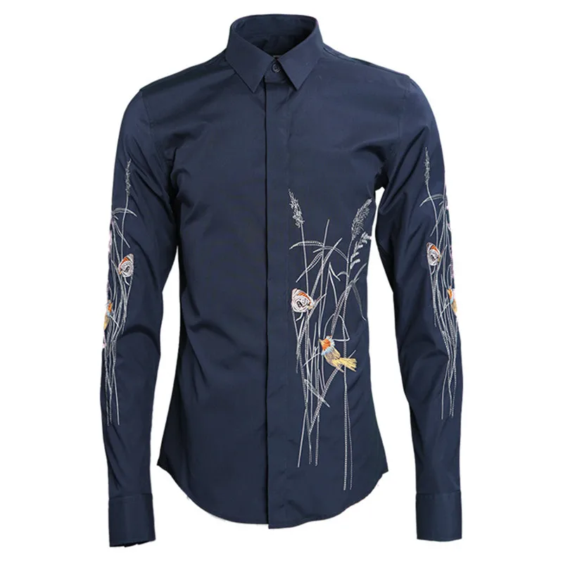 Модная Цветочная вышивка с птицами рубашка мужская рубашка Camisa Hombre Роскошная брендовая хлопковая рубашка мужская деловая Свадебная смокинг рубашки - Цвет: navy
