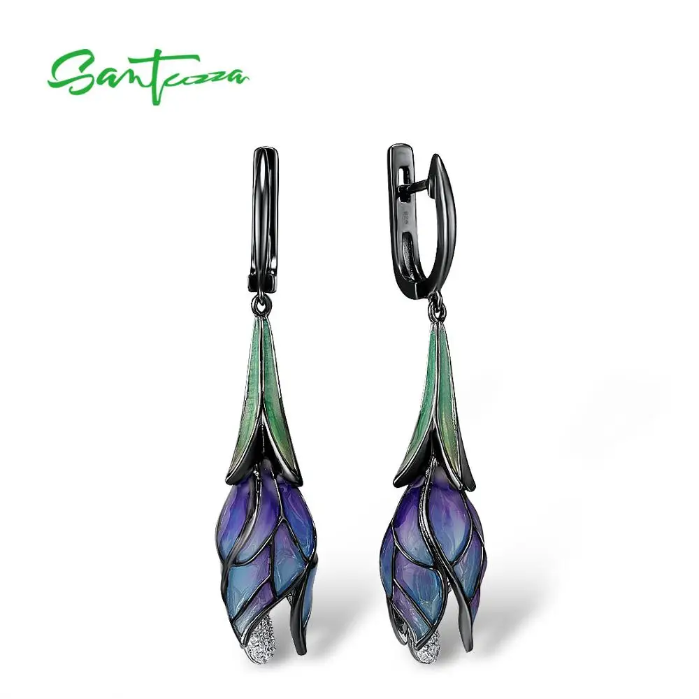 SANTUZZA Silver Earrings For Women Genuine 925 Sterling Silver Exquisite Drop Purple Flower Trendy Fine Jewelry Handmade Enamel