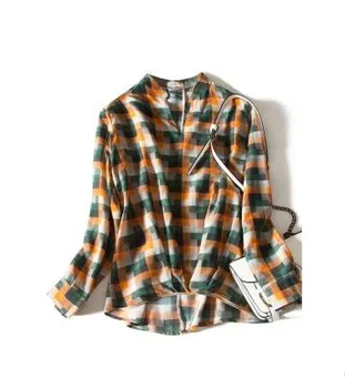 

2020 new green small square check silk shirt women's long sleeve printed silk shirt fashion