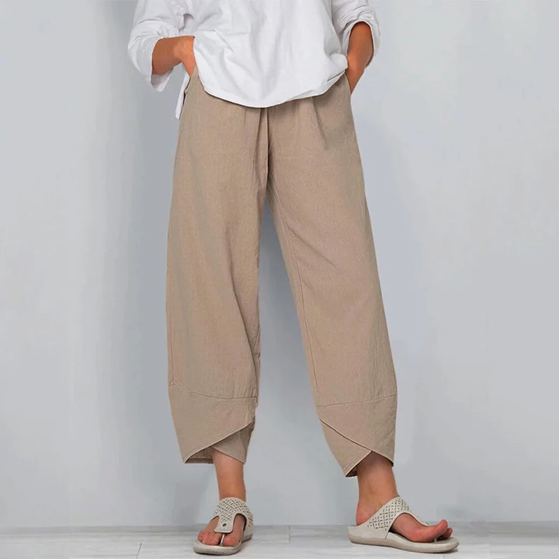 

Cotton Linen 2020 Autumn Solid Woman Pants Elastic Waist Wide Leg Pant Plus Size Loose Harem High Waist Pocket Casual Trousers