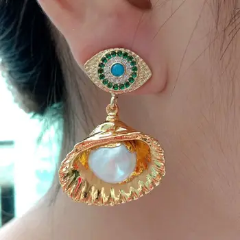 

White Pearl Shell Cz pave Evil Eye 24 K Yellow Golden Plated Stud Earrings