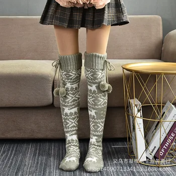 

Women Knitted Stocking Warm Winter Thicken Over-knee Socks Christmas Pile with Fur Ball Decoration Female Clothing Accessories