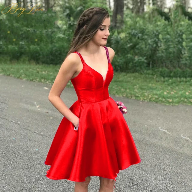 Bright Red Satin Homecoming Dress Beading Straps Prom Gown Sweetheart A  Line Skirt Graduation Dress Pockets Sexy Cocktail Gown - Homecoming Dresses  - AliExpress