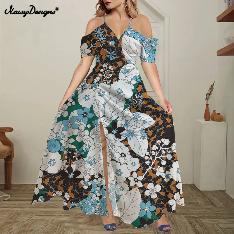 

Noisydesigns/модное роскошное женское платье с цветочным узором, с открытыми плечами, макси, богемное, с разрезом, Сексуальные вечерние платья, вечерние платья 2021