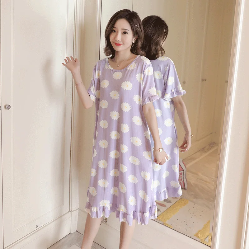 

Nightgown Women's Summer Short-sleeved Korean-style Fresh Students Cute Sunflower Pajamas Long Spring And Autumn Days Thin Home