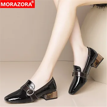 

MORAZORA 2020 New Brand genuine leather women pumps fashion square toe buckle women shoes med heels autumn casual shoes woman