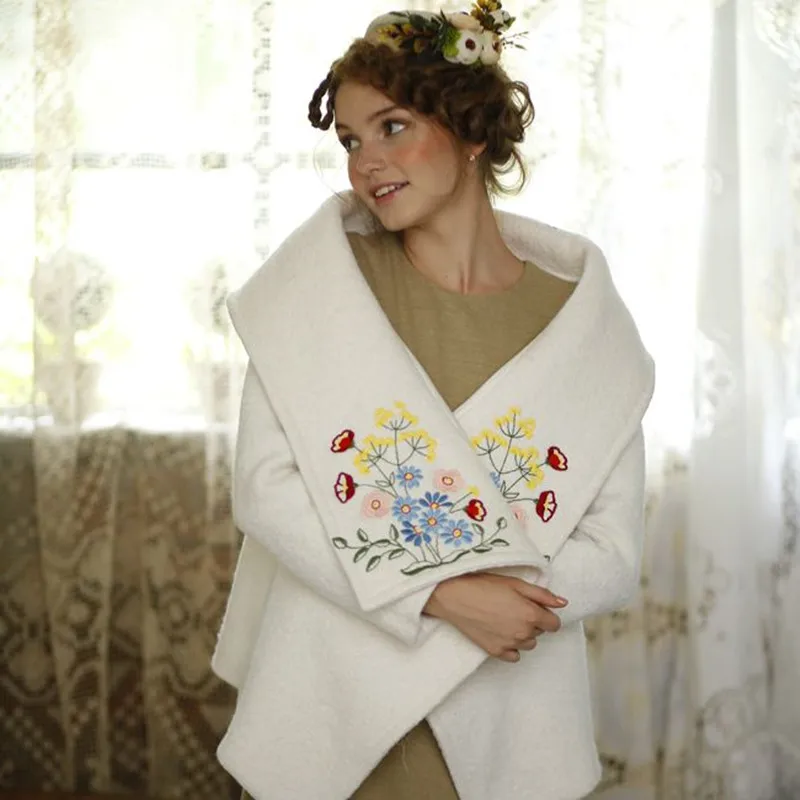 

Jessica's Store Autumn Winter Original Design Women Hyacinty Embroidered Tweed Asymmetrical Loose Short Woolen Milk White Jacket