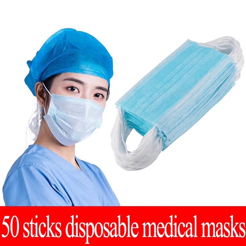 

50pcs disposable medical mask anti-dust anti-fog medical 3-layer non-woven masks Disposable Surgical Medical Earloops Mask Spot